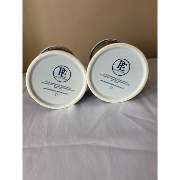 2 Polar Express Mugs with Embossed Train Yellow Stripe Rim; Northern Lights - Picture 7 of 9